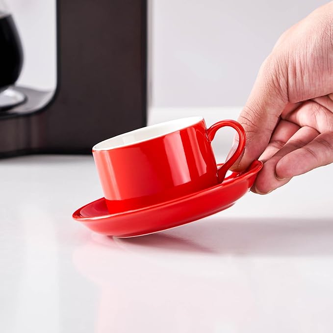 Meichu 2.5oz Porcelain Stackable Espresso Cups with Saucers and Metal Stand Set of 4, Stackable Espresso Cups Set of 4, Red Expresso Shots Cup Set for Cappuccino, Coffee Drinks, Latte, Tea