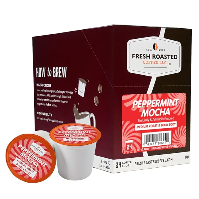 Fresh Roasted Coffee, Peppermint Mocha, Flavored Coffee Pods, K-Cup Compatible, 24 Count