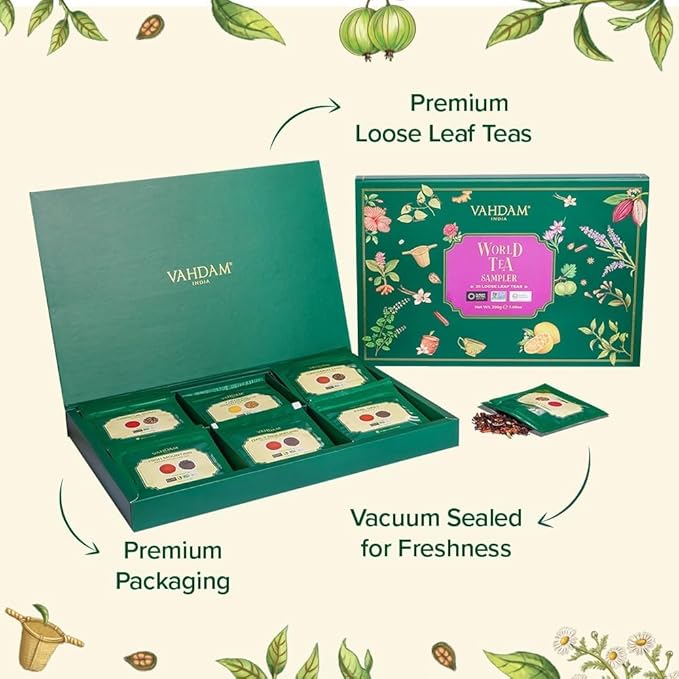 VAHDAM, World Top 20 Tea Sampler - Black, Green, Chai, Herbal Tea & More | Assorted Loose Leaf Tea Gift Set Variety Pack | Valentines Day Gifts for Him & Her