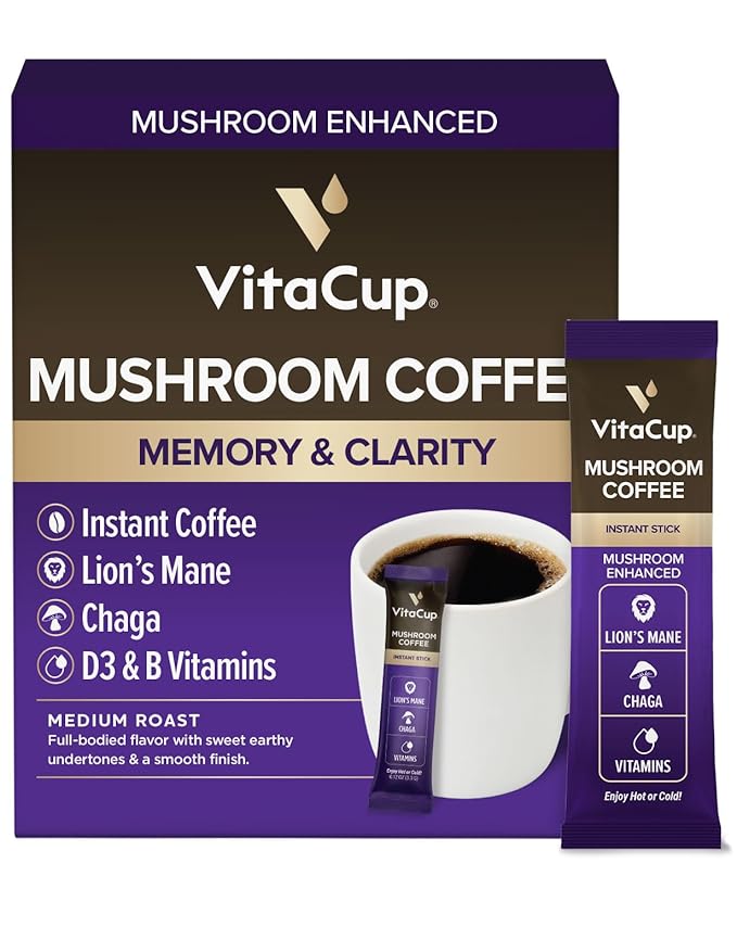 VitaCup Mushroom Coffee Instant Packets, for Memory & Clarity Support, w/Fiber, Chaga, Lion’s Mane, D3, B Vitamins, Medium Roast, 100% Arabica & Robusta Coffee in Single Serve Sticks, 24 Ct