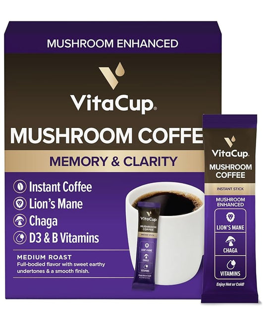 VitaCup Mushroom Coffee Instant Packets, for Memory & Clarity Support, w/Fiber, Chaga, Lion’s Mane, D3, B Vitamins, Medium Roast, 100% Arabica & Robusta Coffee in Single Serve Sticks, 24 Ct