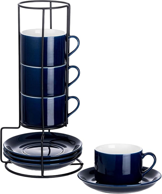 Meichu 8oz Porcelain Stackable Cappuccino Cups with Saucers and Metal Stand Set of 4, Cappuccino Cups Set of 4, Blue Coffee Cups for Espresso, Specialty Coffee Drinks, Latte, Americano and Tea