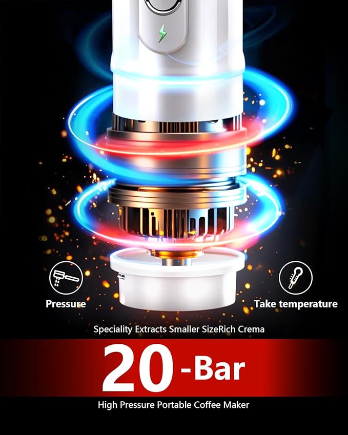 Portable Espresso Machine 3Minute Auto Heat12V Rechargeable Electri Coffee Maker 20 BaCompatible with NS DG Capsules and GroundCoffee for Camping, Travelling RVing HikingandOffice (White)