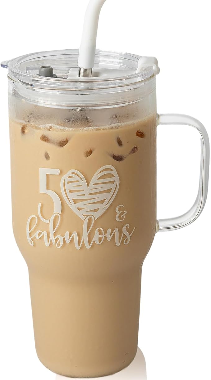 Wells 50th Birthday Gifts For Her, Cool 50 Year Old Birthday Gift Women, Fabulous Gift for Women Turning 50, Happy Birthday Gifts For Best Friends Female Mom Wife Coworker - 33oz Cute Glass Tumbler