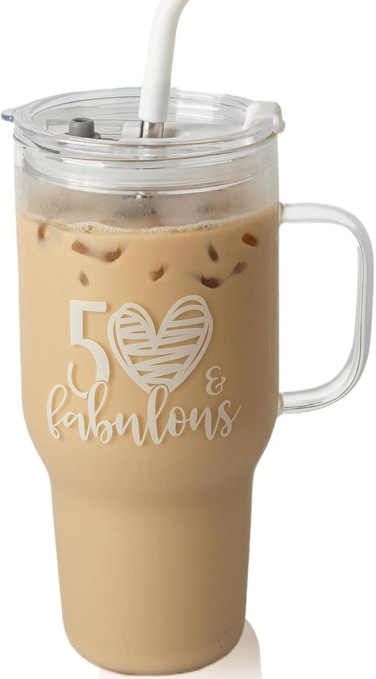Wells 50th Birthday Gifts For Her, Cool 50 Year Old Birthday Gift Women, Fabulous Gift for Women Turning 50, Happy Birthday Gifts For Best Friends Female Mom Wife Coworker - 33oz Cute Glass Tumbler