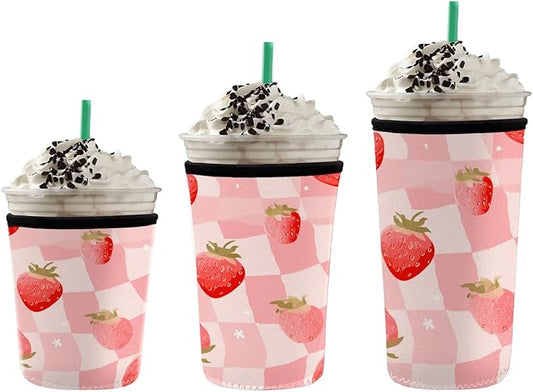 Cute Pink Insulated Coffee Sleeve for Women & Gifts Strawberry Checkered Iced Coffee Sleeve Set of 3 Fits 16oz 24oz 30oz Cups