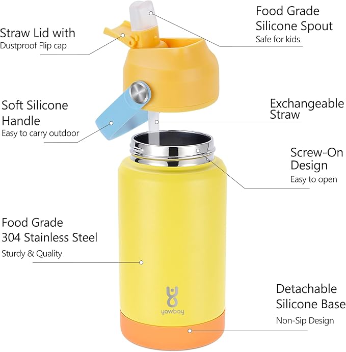 Kids Insulated Water Bottle with Straw Lid & Silicone Handle,12oz Kids Leak Proof Water Bottle for School Boys Girls,Double Wall Vacuum Stainless Steel with Non-slip Silicone Base(Yellow)