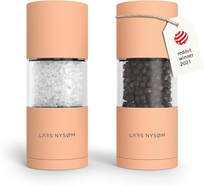 LARS NYSØM Salt and Pepper Grinder Set, Manual Salt and Pepper Mills with Adjustable Ceramic Grinder, Design Spice Shaker Set (Creamy Peach)