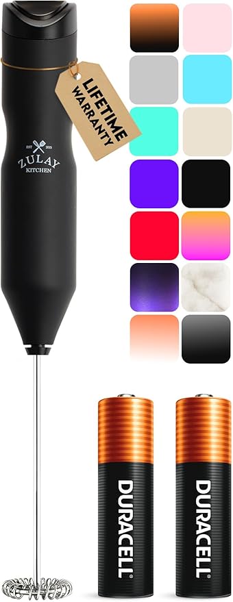 Zulay Kitchen Powerful Frother Wand AA Batteries Included, Ultra Fast Handheld Drink Mixer, Comfort Milk Frother, Stainless Steel Whisker, Frother Handheld for Coffee, Protein & Matcha - Frothmate 2.0