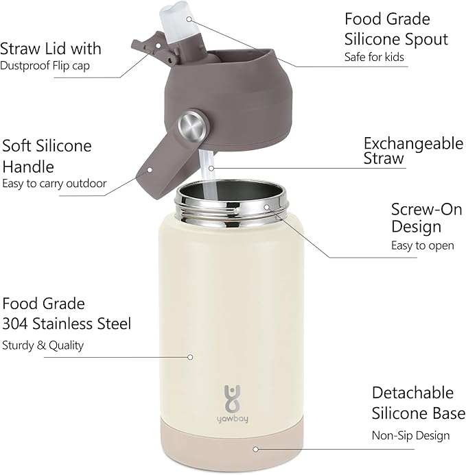 Kids Insulated Water Bottle with Straw Lid & Silicone Handle,12oz Kids Leak Proof Water Bottle for School Boys Girls,Double Wall Vacuum Stainless Steel with Non-slip Silicone Base(Beige)