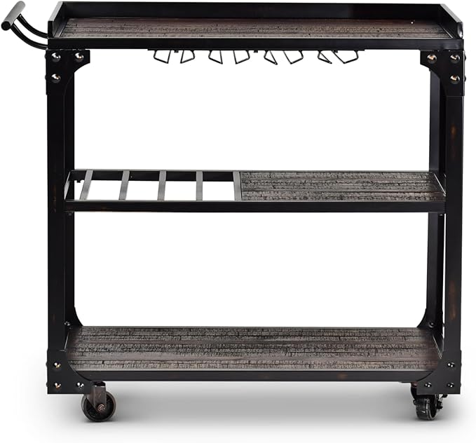 Steve Silver Furniture Sherlock Bar Cart Server, 3-Tier, Industrial Accent Design, Distressed Dark Charcoal Finish, Rustic Styling, Bottle Rack, for Kitchen, Dining Room, 20" D x 40" W x 36" H, Black
