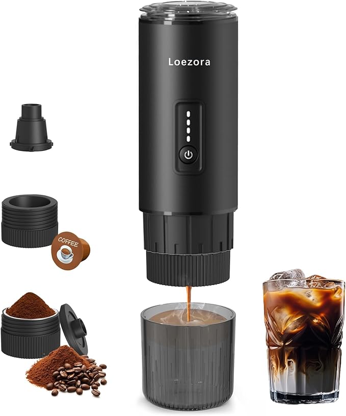 Leozora Portable Espresso Maker, 20Bar Professional Pressure, Stainless Steel Body, 7500mAh USB-C Rechargeable, 3-in-1 for Ground Coffee & Nespresso/DG Capsules, Ideal for Camping, Car, Office, Black