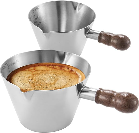 Stainless Steel Espresso Cups Set of 2, 3 OZ Double Spout Glass Measuring Cup with Handle, Milk Frothing Pitcher with Spout & Scale, Espresso Accessories for Coffee, Latte Art and Kitchen Use
