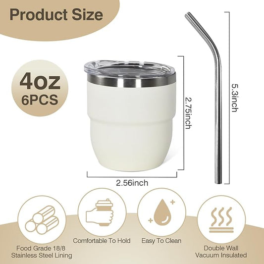 4oz Stackable Cup, Vacuum Insulated Espresso Cup Set of 6, Espresso Shot Glass for Coffee, Double Wall Stainless Steel Mini Tumbler Shot Glasses with Straw and Lid