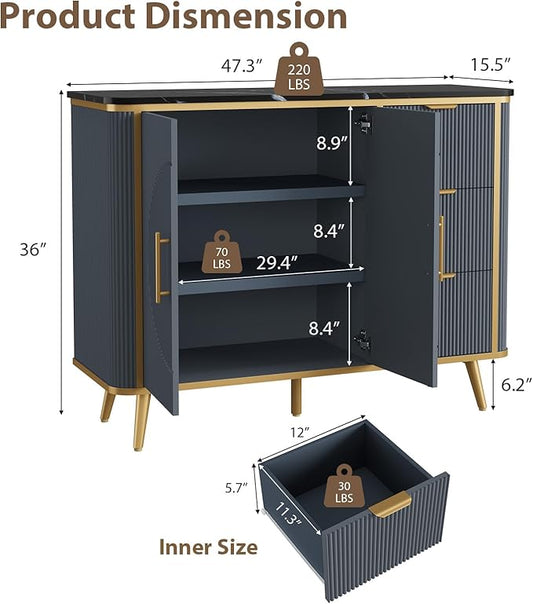 47.3" Modern Buffet Cabinet with Storage, Kitchen Sideboard Buffet with 2 Door & 3 Drawers, Fluted Caffee Bar Storage Cabinet for Dining Room, Living Room, Entryway, Navy Blue