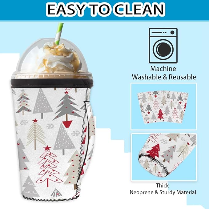 Christmas Reusable Coffee Sleeves Iced Coffee Cozy Insulator,Christmas Tree Neoprene Holder with Handle for Cold Coffee or Ice Drink, Large