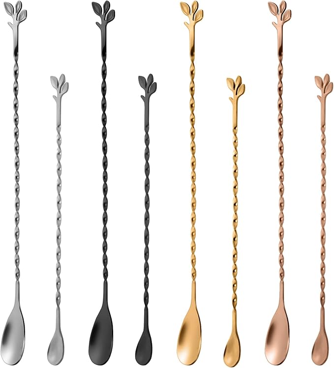 AnSaw Rose Gold 12-Inch Stainless Steel Cocktail Spoon with Leaf Handle - Perfect for Mixing & Layering Drinks in Tall Cups, Bar & Shakers - Durable Long Handle Bar Stirrer,1-Pieces