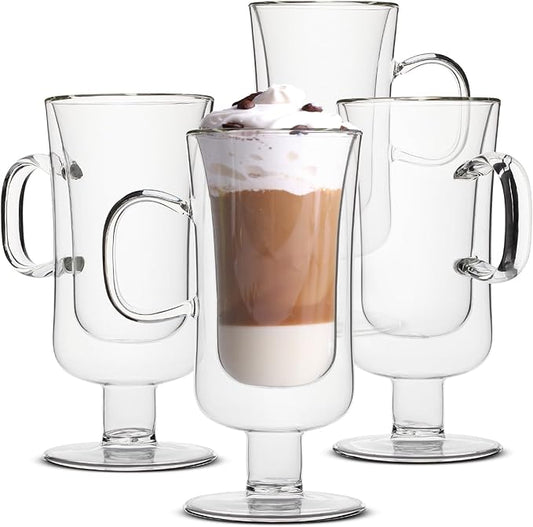BTaT- Double Walled Glass Irish Coffee Mugs, 10 oz, Set of 4, Glass Coffee Cups with Handle, Insulated Clear Irish Coffee Mug for Hot and Cold Beverages, Cappuccino, Latte, Americano, Microwave Safe