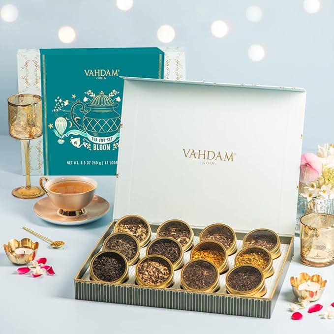 VAHDAM, Bloom - Assorted Valentines Day Tea Gift Set (12 Loose Leaf Tea) Tin Caddy Presentation Box | Gluten Free, Non GMO | Valentines Day Gifts for Him, Valentines Day Gifts for Her