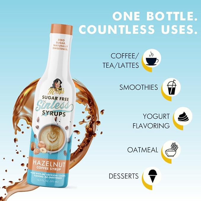 Sugar Free Hazelnut Sinless Syrup - Stevia Based, No Sugar Alcohols or Sucralose, No Artificial Sweeteners, Natural Ingredients, Coffee Tea Cocoa Dessert, Keto Friendly, 1 Pack
