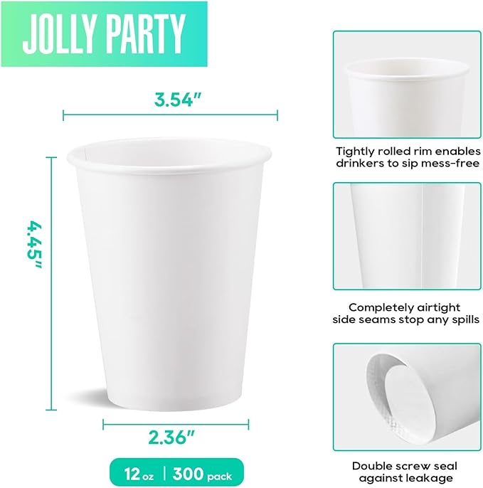 JOLLY PARTY 300 Pack 12 oz Disposable Paper Coffee Cup, Hot/Cold Beverage Drinking Cups for Water, Paper Coffee Cups, White Hot Coffee Cups