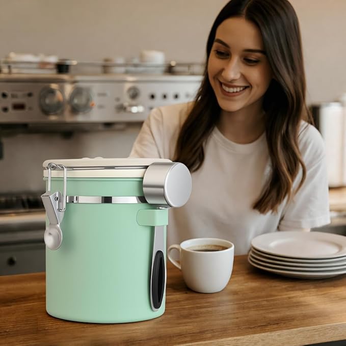 ShanSon Coffee Canister Airtight Coffee Container Stainless Steel Coffee Bean Storage Container with Scoop Coffee Canister for Beans Grounds Sugar Flour Tea Cereal,22OZ,Green