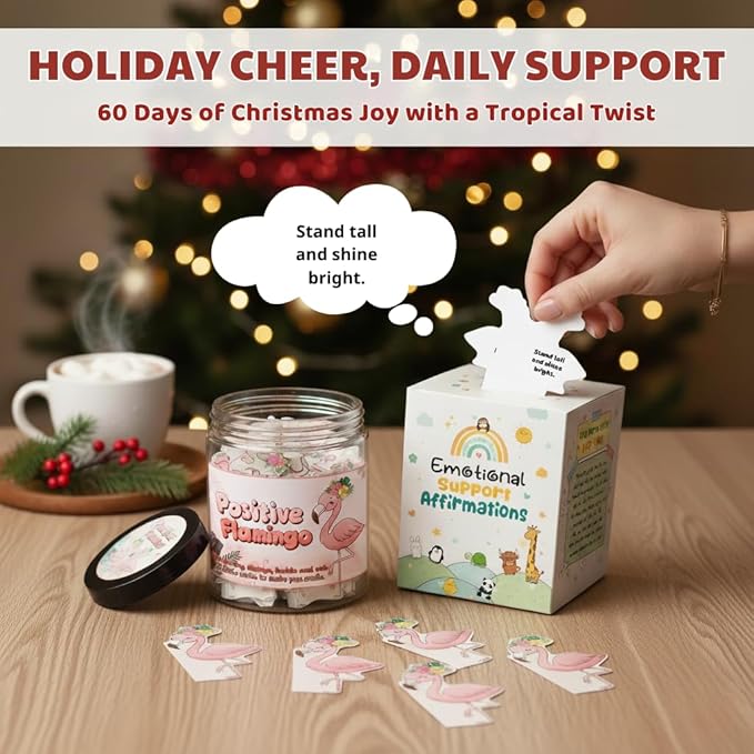 Positive Flamingo Jar with 60 Daily Affirmation Cards, Emotional Support Flamingo Decor, Mini Flamingo Figurines, Birthday Gifts for Women and Friends, Inspirational Desk Present for Coworkers