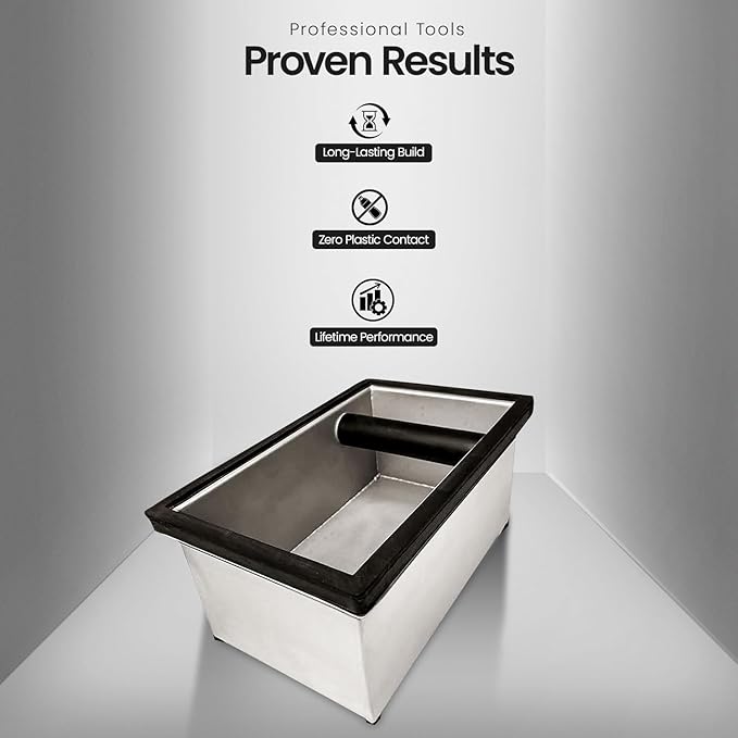 Rattleware Stainless Steel Heavy-Duty Knock Box Chute – Durable Espresso Puck Disposal Bin with Welded Rubber Bar – Fits Coffee Stations, Café, Restaurant, Hotel, or Home Use (9.25"x5.5"x4")