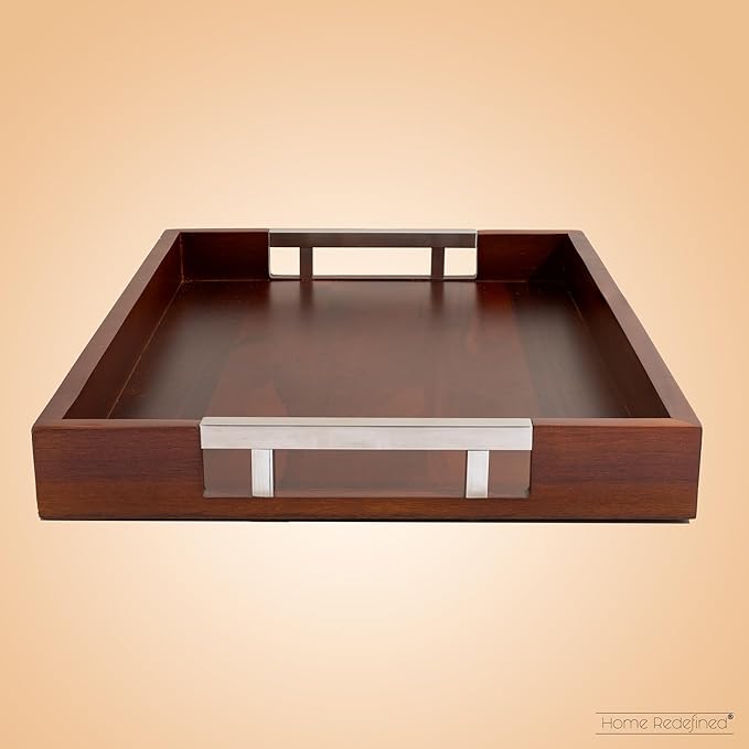 Acacia Wood Serving Tray with Silver Stainless Steel Metal Handles, 17.5x12 Food Drinks Tray for Coffee Table, Breakfast, Dinner & Bar, Decorative Storage Tray for Ottoman, Kitchen, by Home Redefined
