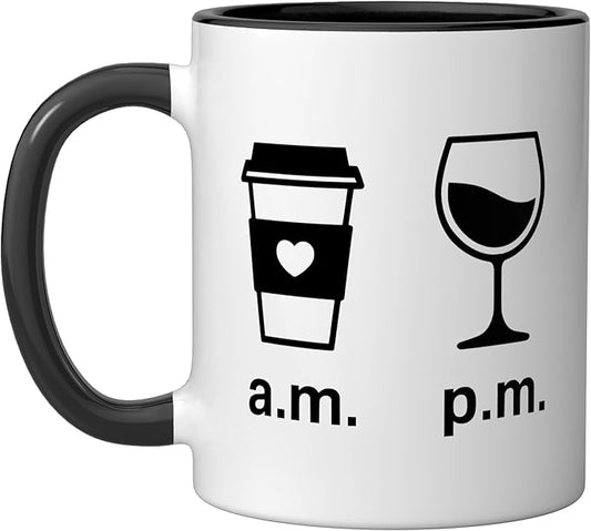 Coffee AM Wine PM - Funny Minimalist Coffee Wine Lover Ceramic Mug, Black/White