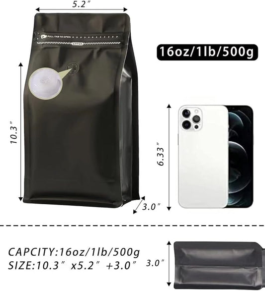 DMpcakDM Coffee Bags with Valve(16 oz,1 lb,50pcs) Black High Barrier Aluminumed Foil Flat Bottom Heat Sealed Coffee Beans Packaging Bags Side Zipper Resealable Bags for Home or Business
