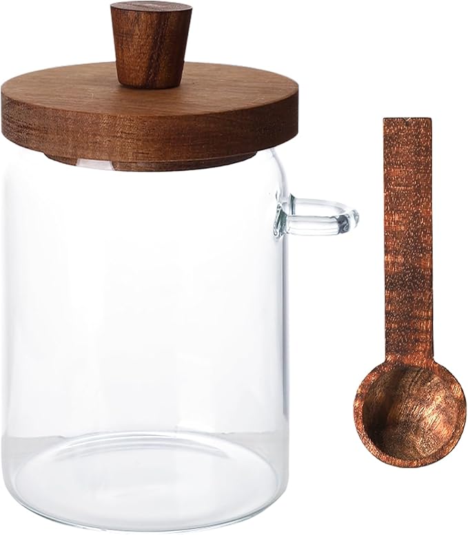 Glass Coffee Bean Storage Container, Wood Lid with Spoon, Airtight Silicone Seal, BPA-Free (550ML/18.6OZ)