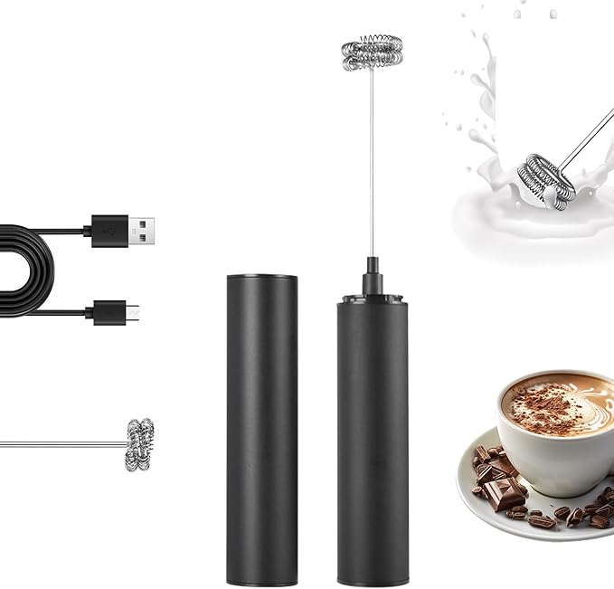 Electric Milk Frother Handheld Rechargeable with Cover-Coffee Frother Wand, Drink Mixer Handheld with 2 Detachable Stainless Whisks 2 Speed Adjustable for Latte, Cappuccino, Matcha, Egg (Black)