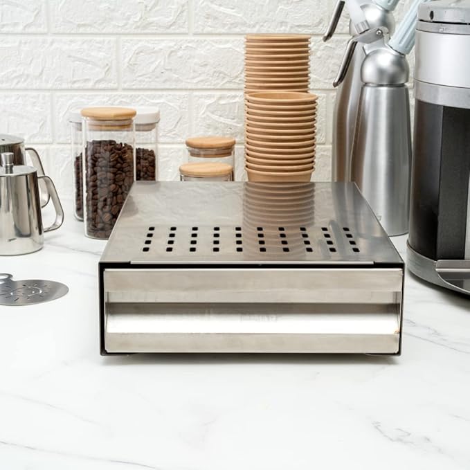 Restaurantware Restpresso 13.5 x 9.75 x 3.75 Inch Espresso Knock Box 1 Vented Coffee Knock Box - Detachable Drawer Silicone Knock Bar Silver Stainless Steel Coffee Grounds Knock Box Durable
