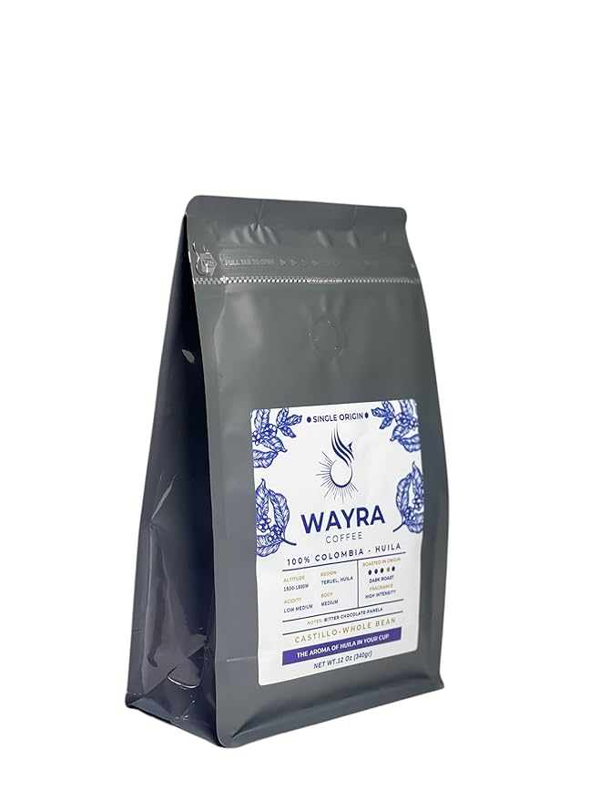 Wayra Whole Bean Colombian Coffee - Dark Roast - Castillo 100% Arabica Fresh Colombian Coffee - Huila Single Origin - Direct Trade - Low Medium Acid - Flavor Notes of Dark Chocolate, Panela and Walnuts Net Wt. 12 Oz (340 gr) Resealable Bag - Pour Over,...
