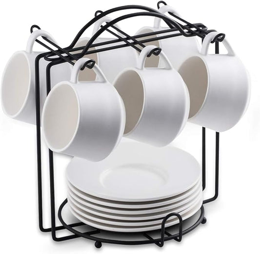 YHOSSEUN Espresso Cups Set with Saucers and Metal Stand Coffee Cup Set of 6 4 oz Cappuccino Cups Teacup for Tea Party - White