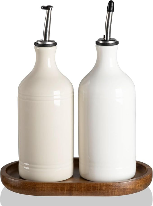 Sweejar Ceramic Olive Oil Dispenser Bottle Set, Opaque Oil Cruet Protects to Reduce Oxidation, Suitable For Storage Of Vinegar, Soy Sauce & Other Liquids,Pack of 2,15.5 Fl Oz（White Beige）