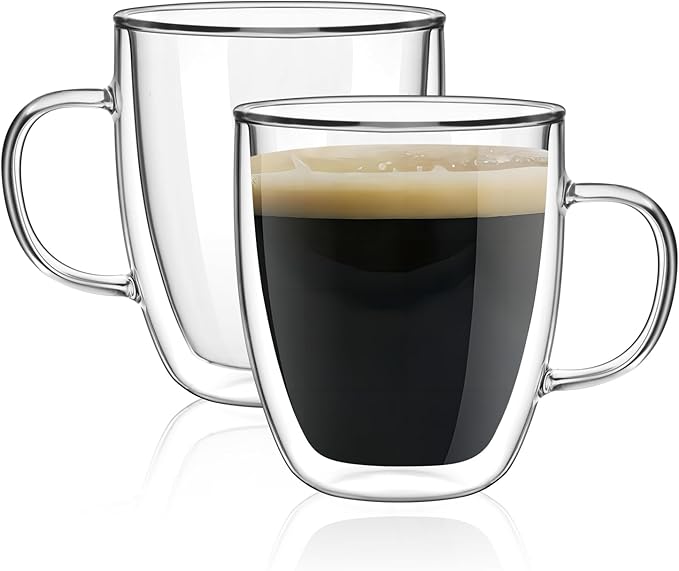 Double Wall Glass Coffee Mugs 450ml / 15oz – Set of 2 Insulated Clear Cups for Espresso, Latte, Cappuccino, Tea, Hot or Cold Drinks (15oz set of 2)