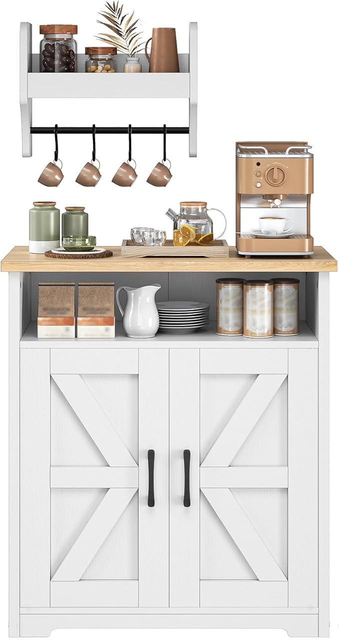 Coffee Bar Cabinet, Kitchen Island with Storage, Farmhouse Sideboard Buffet Cabinet with Dual-Purpose Floating Shelf and Hooks, for Kitchen Living Room, White and Natural KF22WN