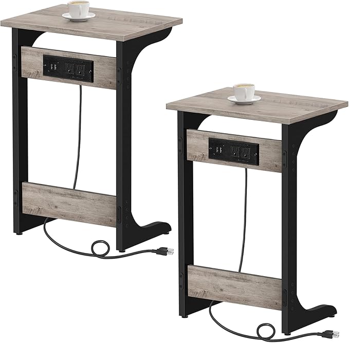 TUTOTAK C Shaped End Table With Charging Station, Set of 2, Couch Tv Tray With 2 USB Ports and Outlets, Sofa Side Table for Small Spaces, Living Room, Bedroom TB01BG0442