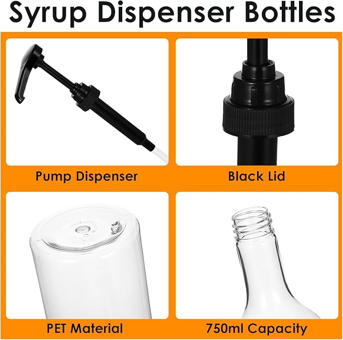 25 oz Syrup Bottles with Pump Long Neck Bottles Plastic Syrup Pump Dispenser for Coffee Bar Accessories Home Party(6 Pcs)