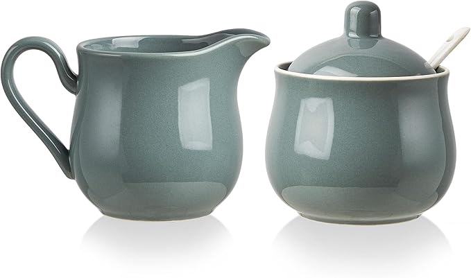 12 OZ Ceramic Sugar and Creamer Set, Coffee Serving Set, 3 Piece Cream Pitcher Sugar Bowl with Lid and Spoon (Gray)