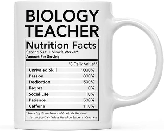 Andaz Press Funny 11oz. Ceramic Coffee Tea Mug Thank You Gift, Biology Teacher Nutritional Facts, 1-Pack