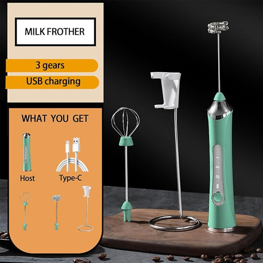 Rechargeable Milk Frother Handheld For Coffee,3 Speeds Frother Wand With Stand, Batidora De Mano Electrica,Coffee Frother With 2 Heads,Drink Mixer Electric Handheld,Kitchen Essentials (Green 1)