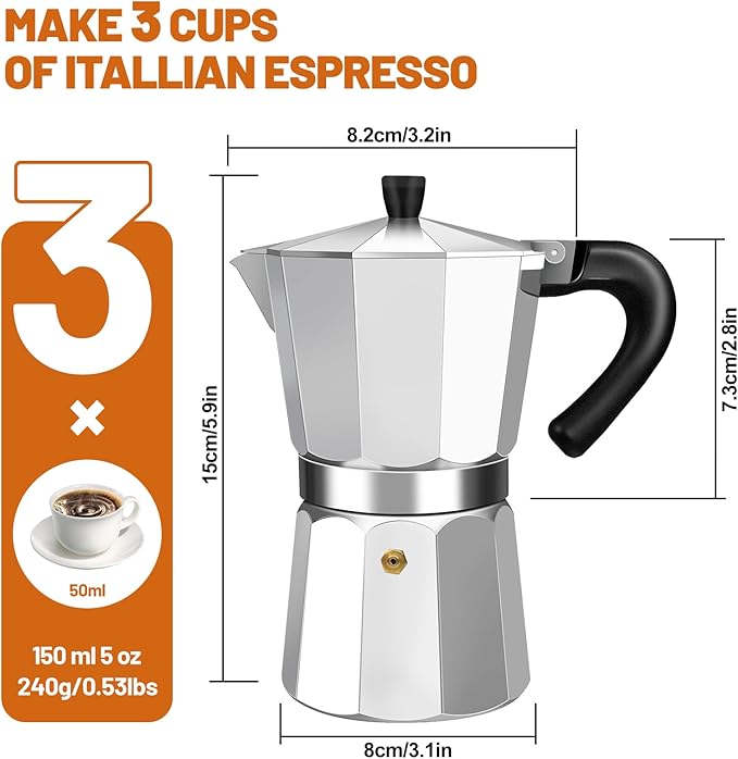 DITOSH 3 Cup Aluminum Espresso Stovetop Moka Pot Express Coffee Maker Percolator Italian Classic Mocha Coffee Machine for Italian and Cuban Cafe Brewing for Home & Camping 150ml 5oz