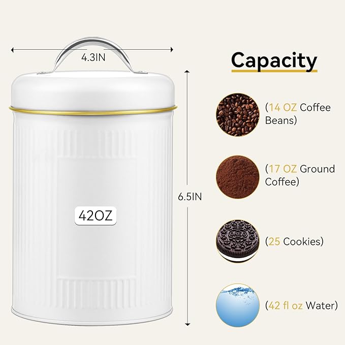 Farmhouse Coffee Canister Storage Container, 42 Oz Vintage Coffee Bean Airtight Jar with Lids, Food Tins with 12 Label Stickers, Kitchen Counter Pantry Organization for Candy Sugar Cookie Tea