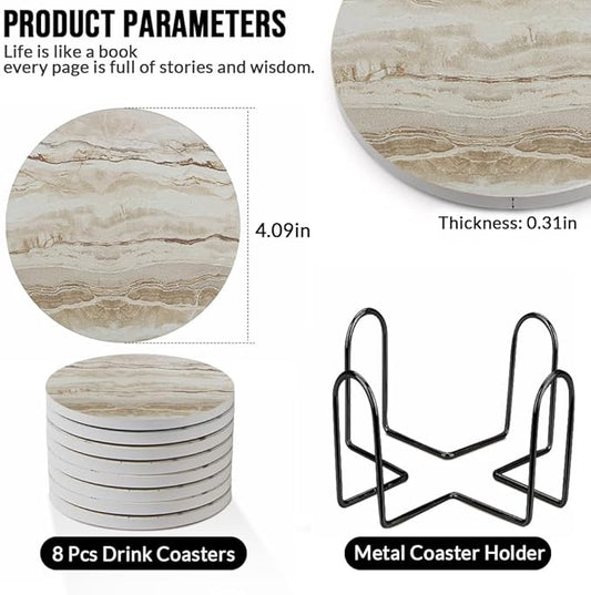 Ceramic Coasters Set of 6, Marble-Textured Design with Holder - Absorbent Cork-Backed Coasters for Cups, Bar & Coffee Table Decor Accessories (Khaki Marble, 8 Pack)