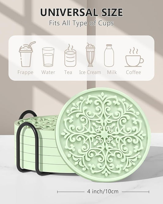Drink Coasters, Coasters Set of 6 for Cup with Holder, Non-Slip Silicone Cup Mats for Hot and Cold Drinks, Cute Absorbent Coffee Bar Accessories Table Decor, Tender Green