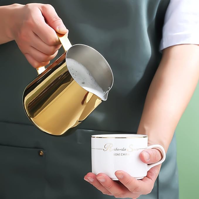 Milk Frothing Pitcher 21oz - 620ml, Kyraton Stainless Steel Espresso Steaming Pitchers with Decorating Pen,Milk Coffee Frother Cups Cappuccino Latte Art Barista Steam Pitchers Milk Jug Cup (Gold)