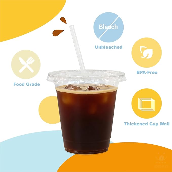 Coolcap 12 oz 100 Pack Disposable Clear Plastic Cups with Lids and Straws, Food Safe Bulk Iced Coffee Cups for Smoothies, Milkshakes and Other Cold Drinks